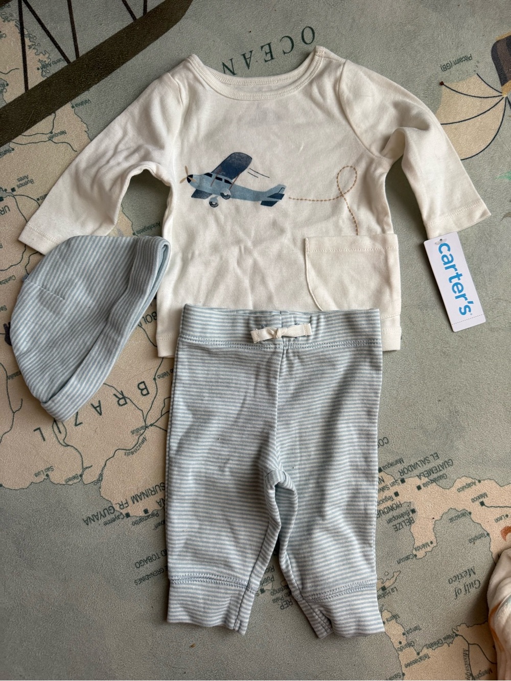 Carter's Cream Top with Blue Airplane, Blue-Striped Pants & Hat Set